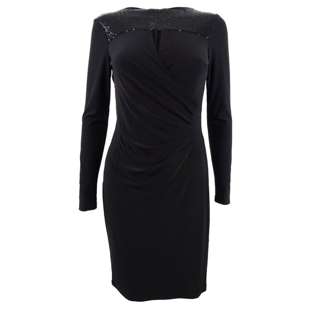Lauren by Ralph Lauren Women's Sequined-Yoke Jersey Dress (16, Black)